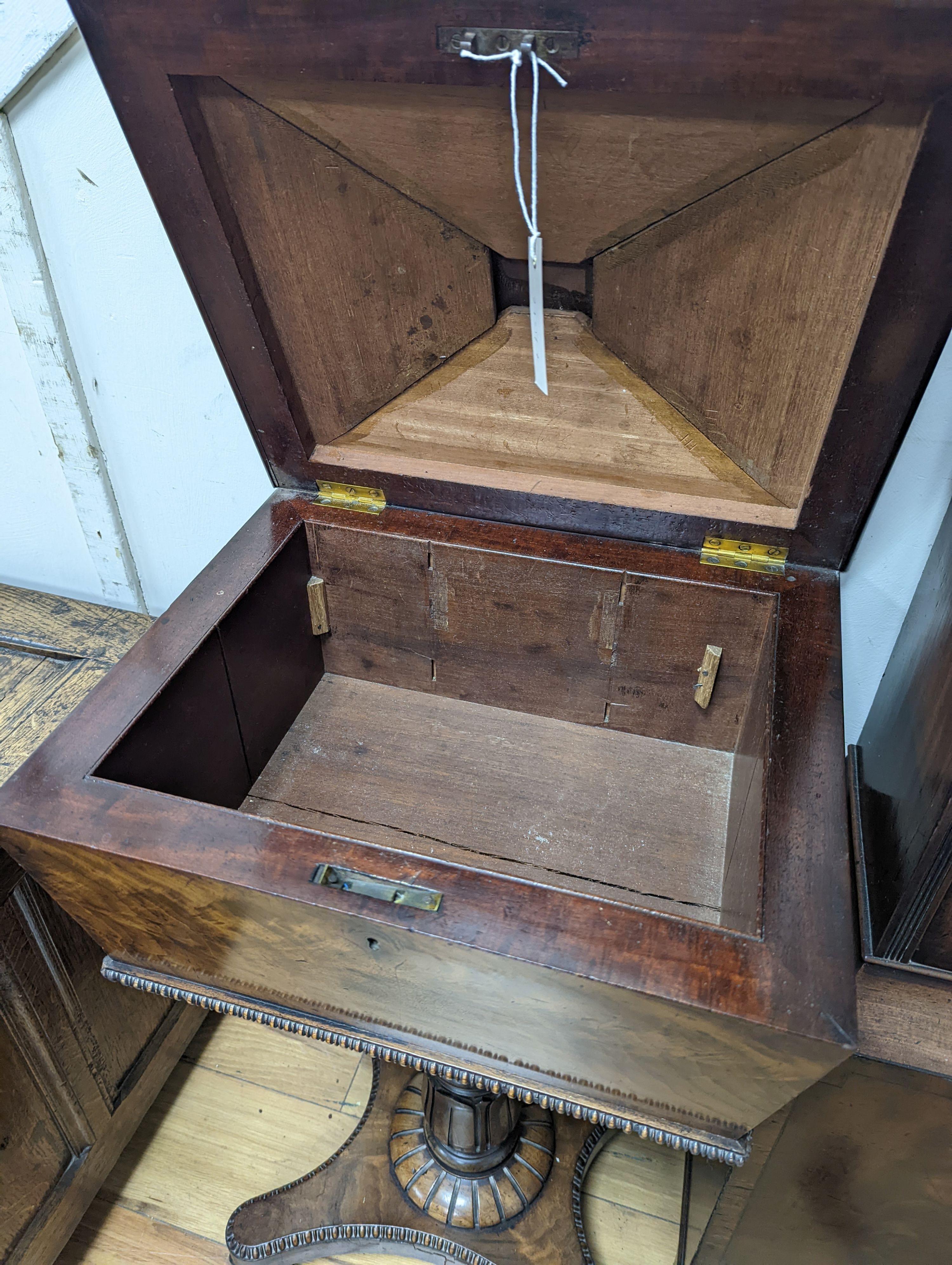 A William IV mahogany sewing table (converted from a teapoy), width 45cm, depth 37cm, height 78cm